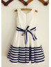Ivory Taffeta Navy Blue Stripes Flower Girl Dress With Stripe Sash